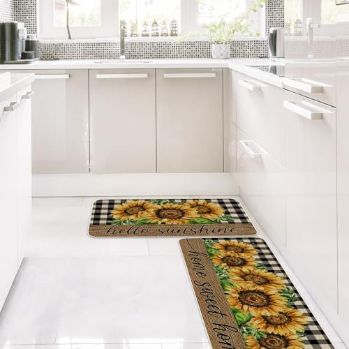 JarThenaAMCS Summer Kitchen Mats Set of 2, Sunflower Plaids Kitchen Floor Mat Non-Slip Decorative Bathroom Rugs for Indoor Outdoor Home Office Decor, 17 x 29 Inch & 17 x 47 Inch