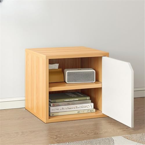 Timber Organizing Shelf with 1 Cabinet Closed Back Modular Cube Storage Unit, Book Storage Bookshelf, Step Shelf, Glass Small Bookcase, Square Grid Cabinet White/Wood with Shelves Wood Door