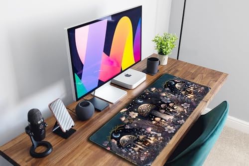 Teng DA Qing Cute Dark Mushroom Moon Night Mouse Pad XL Extended Gaming Mat with Stitched Edges, Computer Laptop Keyboard and Mouse Mat for Women Office Desk Decor, 31.5x11.8 in