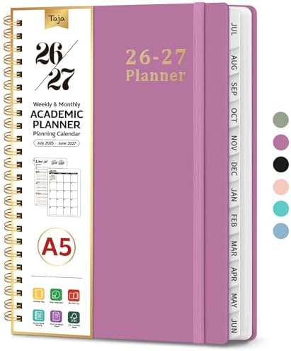 Taja Planner 2026-2027, 6.3" x 8.5" Calendar Planner, Jul 2026-Jun 2027 | A5 Hardcover Weekly & Monthly Academic Year Planner, Large Planning Agenda With Tabs, School & Office Supplies, Purple