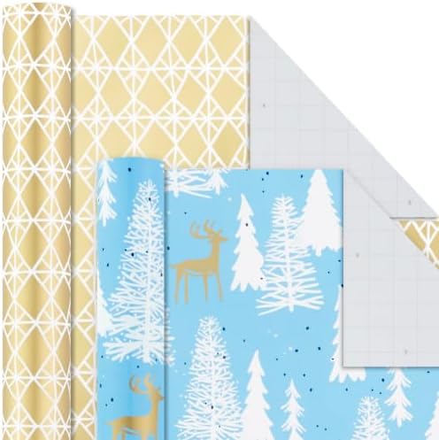 Hallmark Holiday Wrapping Paper Bundle with Cut Lines on Reverse, Elegant Woodland (Pack of 4, 120 sq. ft. TTL) Peace and Joy, Deer, Pinecones, Snowflakes, Blue, Gold