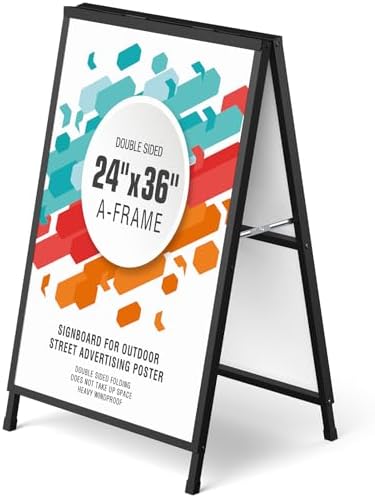 A Frame Sign 24x36 Inch Sandwich Board, Heavy Duty Double-Sided Folding Sidewalk Signboard, Slide-in Steel Metal Frame Sign Display Holder for Outdoor & Indoor Street Poster, Businesses, Advertising