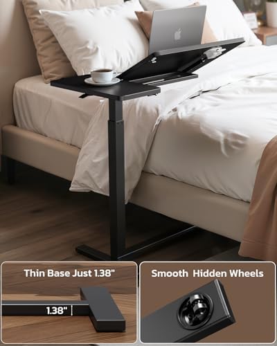 Simple Deluxe Standing Rolling Desk with Hidden Casters, Height Adjustable Pneumatic Mobile Laptop Desk, Tilting Bedside Table for Laptop, Overbed Bedside Table Hospital Home Use, Black