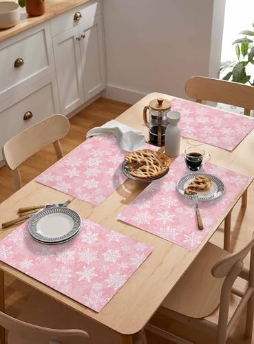 Christmas Placemats Set of 6, Pink White Snowflakes Pattern Heat Resistant Washable Table Place Mats Winter Cotton Table Linens Party Holiday Decor for Kitchen Dining Outdoor Indoor