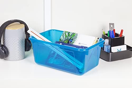 Storex Small Cubby Bins – Plastic Storage Containers for Classroom with Non-Snap Lid, 12.2 x 7.8 x 5.1 inches, Tint Teal, 5-Pack (62486A05C)