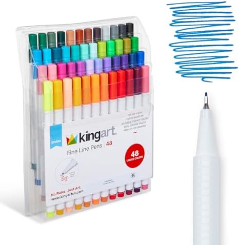 KINGART Studio Fine Line Pens, 48 Colors Set, 0.4mm Ultra Fine Tip for Drawing, Sketching, Journaling, Adult Coloring, & Art Projects, Water-Based Ink, Non-Bleeding.