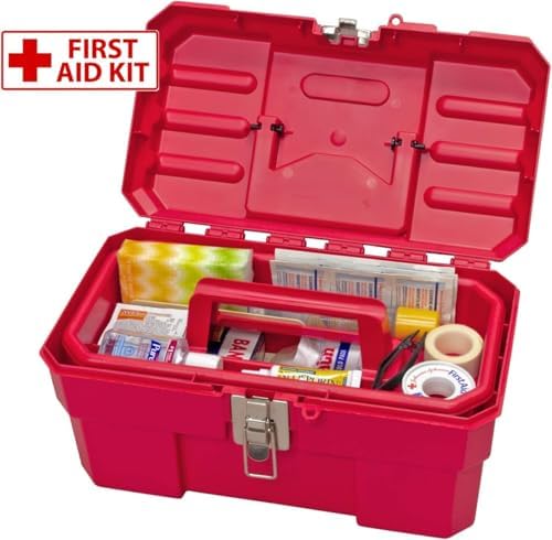 Akro-Mils 14-Inch Plastic Toolbox with Removable Tray, Steel Latch & Padlock Eye, Heavy Duty Tool Box for Tools, Crafts, First Aid & Hobby Supplies, 14" x 8" x 8", Made in USA, 6-Pack, Red (09514)