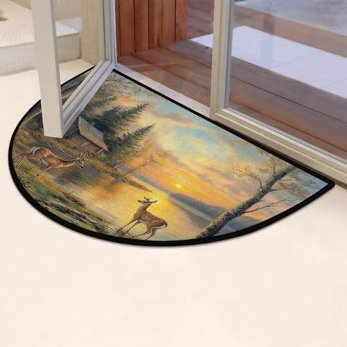 Deer Maple Autumn Half Round Door Mat Non Slip Washable Semi Circle Area Rug Absorbent Soft Half Moon Rug Floor Mat for Indoor Outdoor Kitchen Bathroom Patio Front Door Mat Decor
