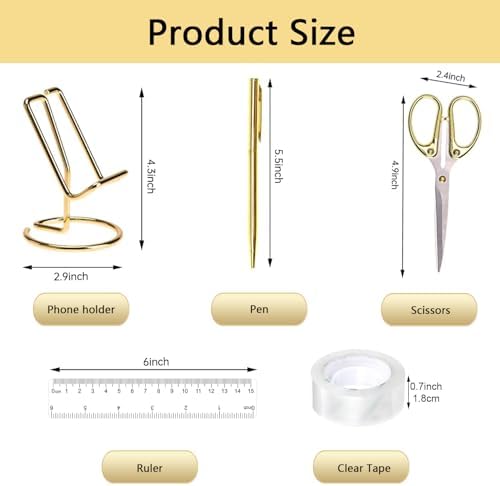 suniya Office Supplies,Gold Desk Accessories,with Stapler,Tape Dispenser,Pen Holder,Scissors,Phone Stand,Staple Remover,Ballpoint Pen,Clear Tape, Staples,Ruler,Clips,Best Gift for Business or Boss