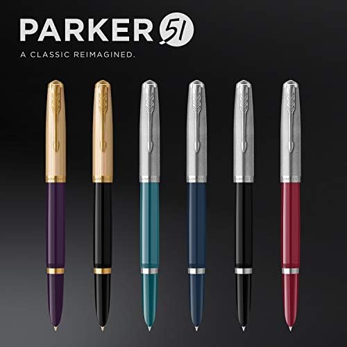 Parker 51 Fountain Pen | Deluxe Plum Barrel with Gold Trim | Fine 18k Gold Nib with Black Ink Cartridge | Gift Box