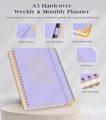 Academic Planner 2026-2027, Weekly and Monthly Hardcover Planner, July 2026 - June 2027, 5.75" x 8.38" A5 Large Daily Calendar Planner Book with Tabs, Spiral Yearly Agenda Organizer Notebook for School Work Home, Purple