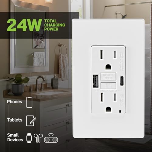 Leviton 15A SmartlockPro Self-Test GFCI Combination with Type A & Type-C USB in-Wall, USB Charger for Smartphones and Tablets, GUAC1-W, White