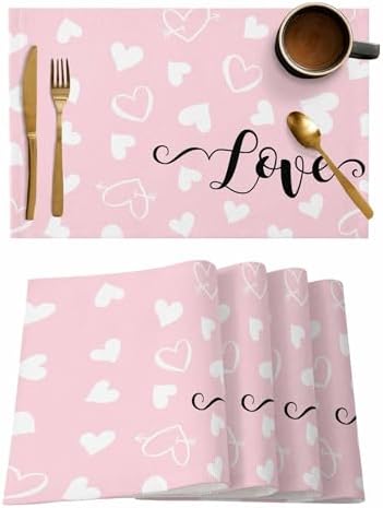 Pink Valentine's Day Placemats Set of 4, Valentines Love Heart Heat Resistant Washable Table Place Mats Cotton Table Linens Party Holiday Decorations for Home Kitchen Dining Table Outdoor Indoor,