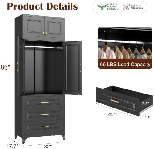 SteeLoong 86" Metal Wardrobe Cabinet,Armoire Wardrobe Closet with 3 Drawers
