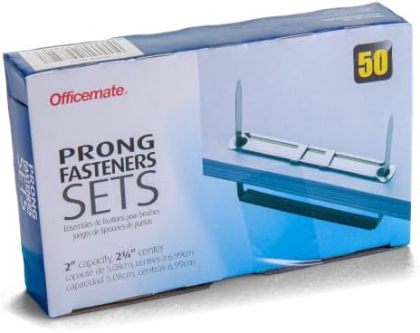 Officemate Prong Paper Fasteners, 2 inch Capacity, 2.75 inch Base, Box of 50 Complete Sets, (99852), Silver