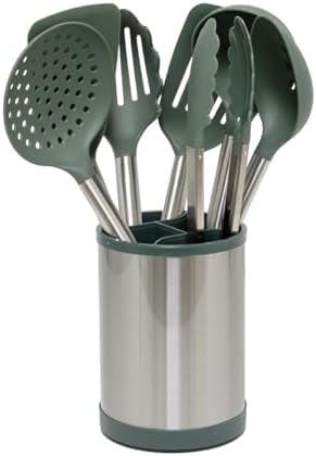 Glad Kitchen Utensils Set, 8pcs - Nonstick Cooking Tools with Stainless Steel Handles & Rotating Utensil Holder - Turners, Ladle, Spoon, Tongs, Spaghetti Server, and Skimmer - Dishwasher Safe, Green