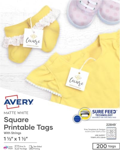 AVERY Square Tags White 1.5 inch | Printable | Pre-Punched with Strings | For Gifts and Products | Pack of 5, 1000 Count