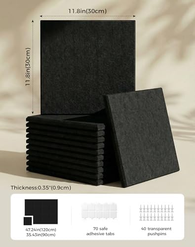 Aothia Felt Bulletin Board Tiles, 12-Pack 48"x36" Large Pin Board for Wall, Modern Cork Board Alternative for Notes, Photos, Memo & Office Organization, 70 Adhesive Tabs & 40 Push Pins, Black