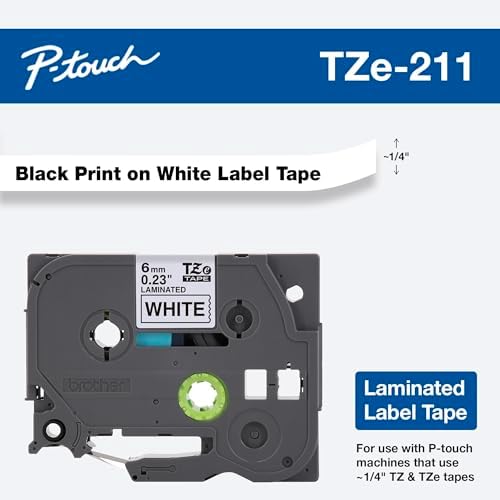 Brother Genuine P-touch TZE-211 Label Tape 1, 1/4" (0.23") Standard Laminated P-touch Tape, Black on White, Laminated for Indoor or Outdoor Use, Water Resistant, 26.2 Feet (8M), Single-Pack