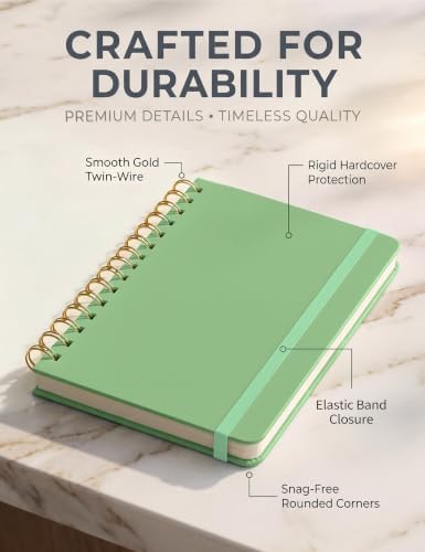 5 Pack Hardcover Spiral Notebooks, 8.3" x 6.3" Lined Journal Set, 100 GSM Bleed-Resistant Paper, 200 Pages Twin-Wire Bound Notebook with Elastic Band & Category Stickers for Office, School