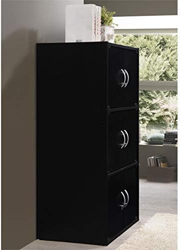 Pemberly Row 3 Shelf 6 Door Bookcase, 41 in H x 23.4 in W x 15.5 in D, Wood Construction, Black Finish, Slim Vertical Bookshelf, Multipurpose Organizer for Home Office, Bedroom, or Kids Room