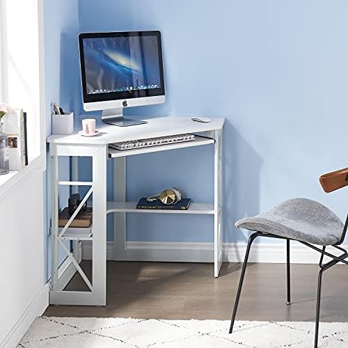 VECELO Corner Desk Computer Desk Writing Table with Smooth Keyboard Tray & Storage Shelves,Compact Home Office Triangle Table,White