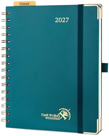 POPRUN 2027 Planner Daily Weekly and Monthly Calendar with Hourly Schedule(Medium Size 8.5'' x 6.25'' Wire-Bound Hard Cover) - Agenda 2027 (Jan.2027-Dec.2027), Monthly Tabs - Pacific Green