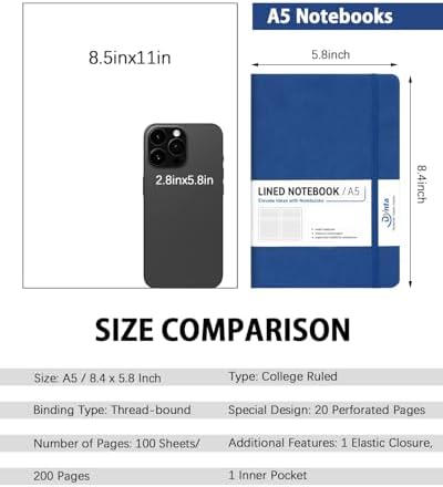 Dynta Hardcover Journal Notebooks, 10 Packs A5 Lined Journals Bulk for Writing 200 Pages/100Sheets, 8.4 x 5.8 inch, Classic Ruled Notebook for Work/Travel/College/Note Taking(Blue)