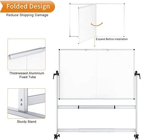 VIZ-PRO Double-Sided Mobile Whiteboard, 72 x 48 Inches, Magnetic Rolling Dry Erase White Board on Wheels with Aluminium Frame and Stand 6' x 4'