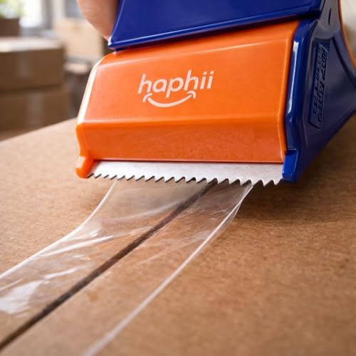 Packing Tape with Dispenser, Heavy-Duty Clear BOPP, Strong Adhesive, 48 mm x 66.6 yd, 4 Rolls + 2 Dispensers
