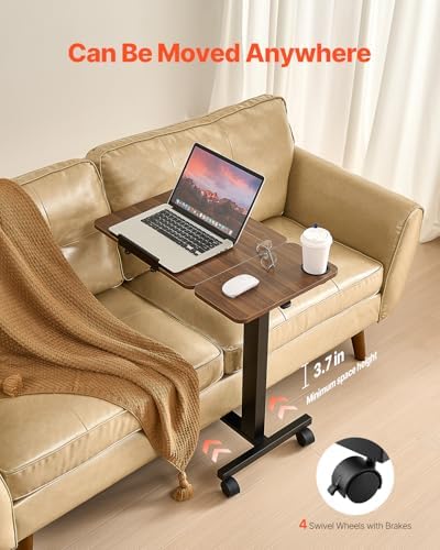 VEVOR Overbed Table, Mobile Hospital Bed Table, Over Bed Table with Wheels Adjustable Height, Rolling Laptop Desk with Tilting Top & Cup Holder, Portable Over Bed Desk for Home, Office, Study, Wood