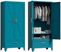 Washsemba 71'' Farmhouse Metal Wardrobe Cabinet with Hanging Rod, 2 Barn Door Wardrobe Closet with Adjustable Shelves,Drawer,for Dining Room,Bedroom,Living Room, Cloak Room,Office (Peacock Blue)