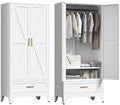 Washsemba 71'' Farmhouse Metal Wardrobe Cabinet with Hanging Rod, 2 Barn Door Wardrobe Closet with Adjustable Shelves,Drawer,for Dining Room,Bedroom,Living Room, Cloak Room,Office (White)