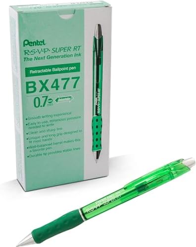 Pentel RSVP Super RT Ballpoint Pen, (0.7mm) Fine Line, Green Ink, Box of 12 (BX477-D)