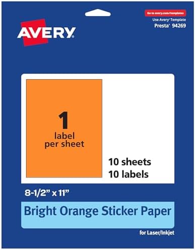 Avery® Printable Sticker Paper, 8-1/2" x 11", Full-Sheet Labels, Bright Orange Labels, Laser/Inkjet Printable, 10 Total, Great for Packaging and Stickers