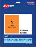 Avery® Printable Sticker Paper, 8-1/2" x 11", Full-Sheet Labels, Bright Orange Labels, Laser/Inkjet Printable, 10 Total, Great for Packaging and Stickers
