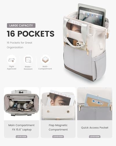 LOVEVOOK Laptop Backpack for Women with Giant Tumbler Holder, 15.6 Inch Work Laptop Bag with USB Port, Fashion Teacher Nurse Backpack Purse, Waterproof Travel Computer Backpack, 2PCS, Beige-Light Grey