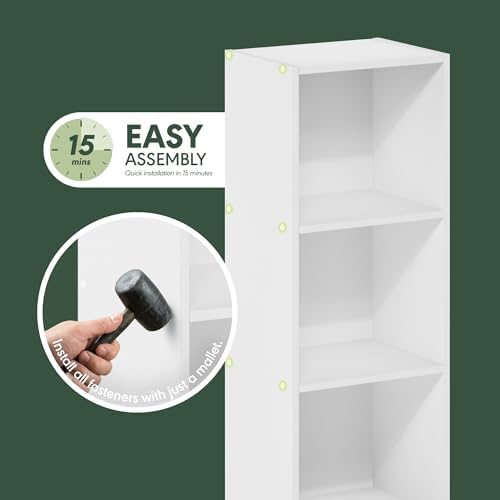 Furinno PASIR Book Shelf, 3-Tier Bookshelf, Easy Assembly Bookcase with Open Shelves, 9 x 12 x 32, for Living Room, Bedroom, Home Office, Plain White