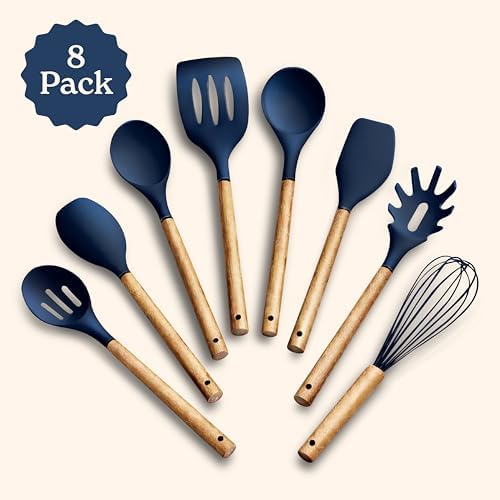 Country Kitchen Non Stick Silicone Utensil Set with Rounded Wood Handles for Cooking and Baking, 8 Piece Set, Navy