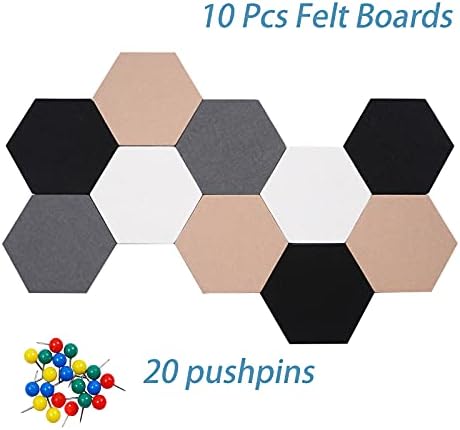 10Pcs Self Adhesive Felt Board Tiles Hexagon Bulletin Board for Walls, Felt Cork Pin Board for Pictures Photos Memos with Push Pins (Color A)