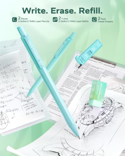 Four Candies Green School Supplies with Case College Essentials | Pens with Black Ink, Correction Tapes, Pastel Highlighters, Mechanical Pencils, Sticky Notes, Index Post for Study Stationary