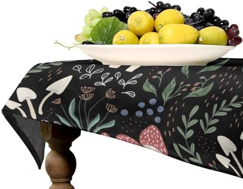 Mushroom Tablecloth, Cartoon Green Leaves Mushroom Wildflower Plant Botanical Herb Nature Garden Print Table Cloth for Home Kitchen Outdoor Party Picnic Wedding Decor 55x75in