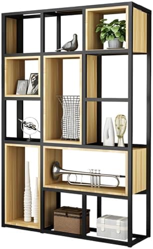 Wood Industrial Cube Bookcase with Shelves & Open Back Iron Bookshelf Floor Steel & Wood Shelf Multi-Layer Shelf Storage Rack Office Partition Display Rack Natural 47.2" L x 9.8" W x 78.7" H