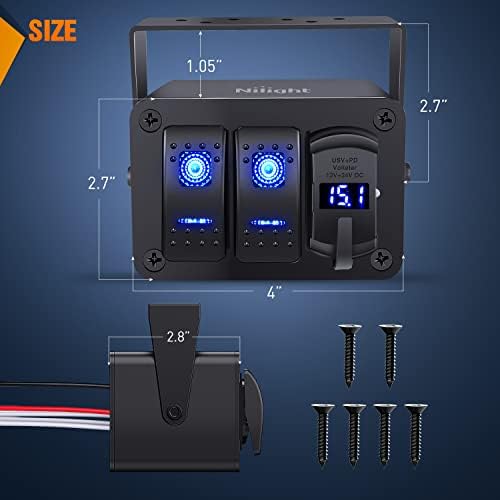 Nilight 2 Gang Rocker Switch Box w/Voltmeter PD Type C and USB Socket