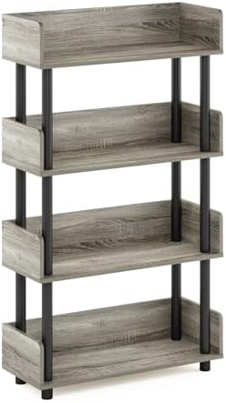 Furinno Turn-N-Tube 4-Tier Grey Storage Shelves with Side Panels, Book Shelf, Display Shelf, for Organization and Storage, Living Room, Home Office, Grey Oak