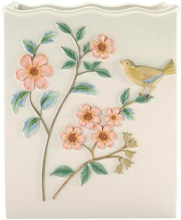 Avanti Linens – Wastebasket, Embossed Hand-Painted Resin with Scalloped Edge, Nature-Inspired Home Decor – Perfect for Bathroom, Bedroom or Office (Pretty Birds)