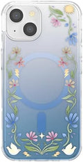 PopSockets iPhone 14 Phone Case with MagSafe, Wireless Charging Compatible, Disney - Boho Wildflowers Blue