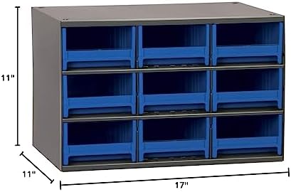 Akro-Mils Steel Garage Storage Cabinet, Small Parts Organizer Metal Cabinet for Hardware, Nails, Screws, Bolts, Nuts, and More, 17" W x 11" D x 11" H, 9-Drawer, Gray Cabinet/Blue Drawers (19909)