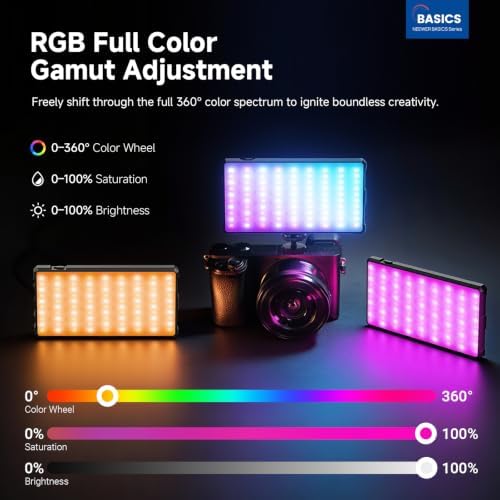 NEEWER Basics RGB Video Light, 9W 2700K-7500K Portable Full RGB Colors 17 Scenes CRI97, 4000mAh Rechargeable Metal Small LED Camera Panel Lighting for DSLR Tripod Streaming Video Recording, SL90C