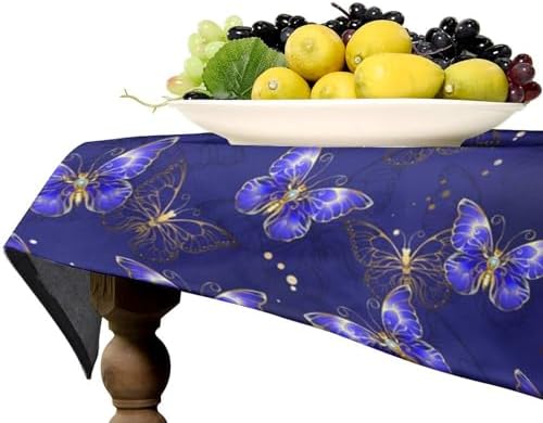 Dark Purple Butterfly Tablecloth, Luxury Golden Blue Purple Butterfly Print Table Cloth for Outdoor Patio Party Picnic Wedding Indoor Kitchen Dinner Table Decor 60x110in